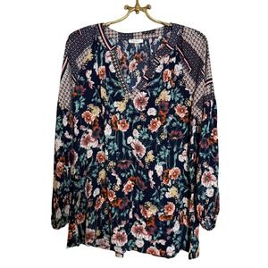 JODIFL Womens Size M Floral Print Long Sleeve V Neck Tunic Top Rayon